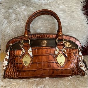 CROMIA Italy Brown Leather Satchel Metallic Croc Embossed Leopard Print